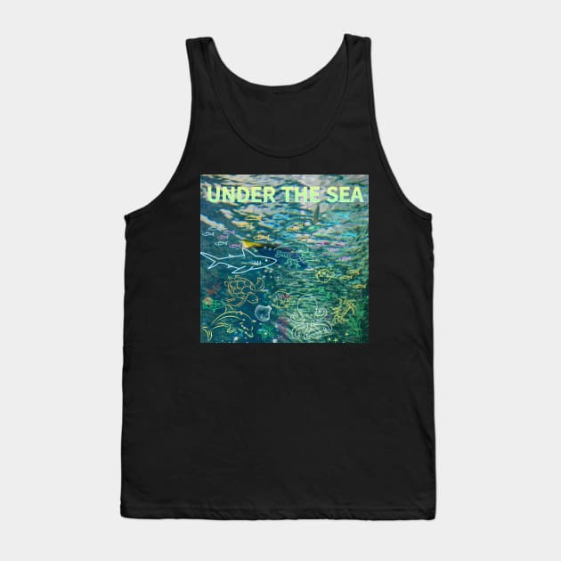 under the sea,blue sea,sea creatures,Turtle, puffer fish, starfish, shrimp, shark, tropical fish, sea horse, seaweed, sardines, squid, crabs, clams Tank Top by zzzozzo